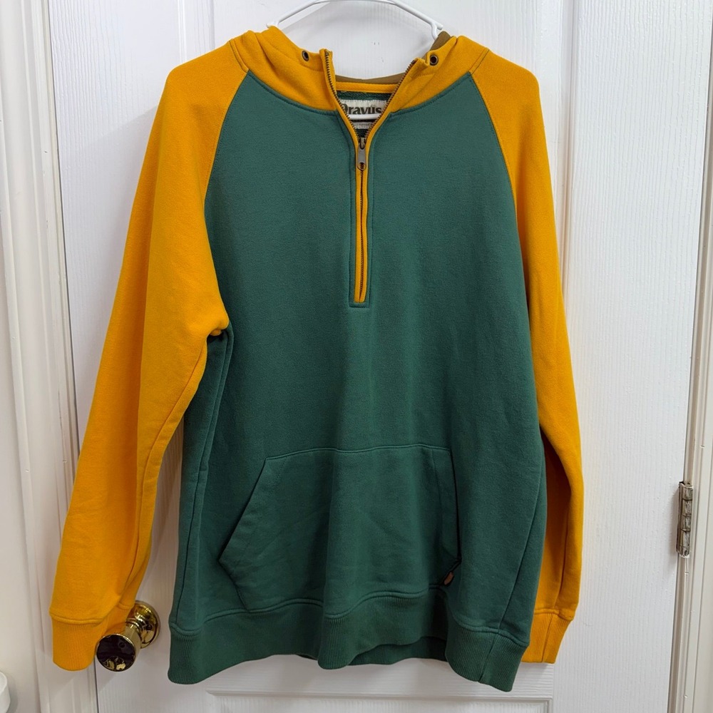 Vintage Dravus green yellow hooded quarter zip cotton sweatshirt casual large